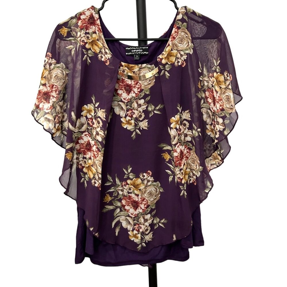 Corvia Floral Purple Floral Ruffle Chiffon Blouse Cottage Core Layered Sz LP